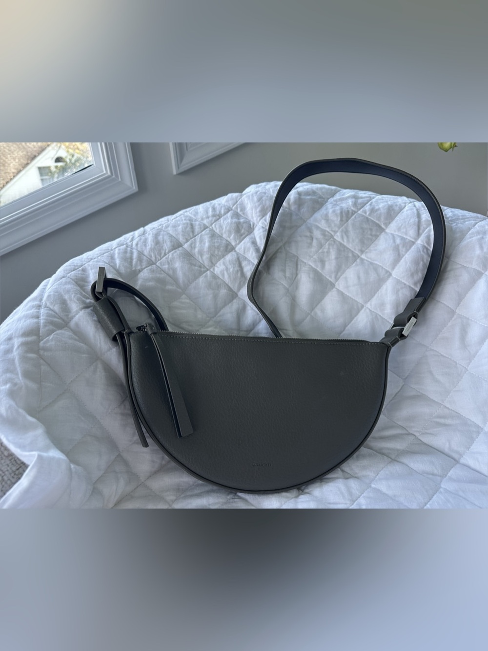 ALLSAINTS Half Moon Leather Crossbody Bag in Olive Green